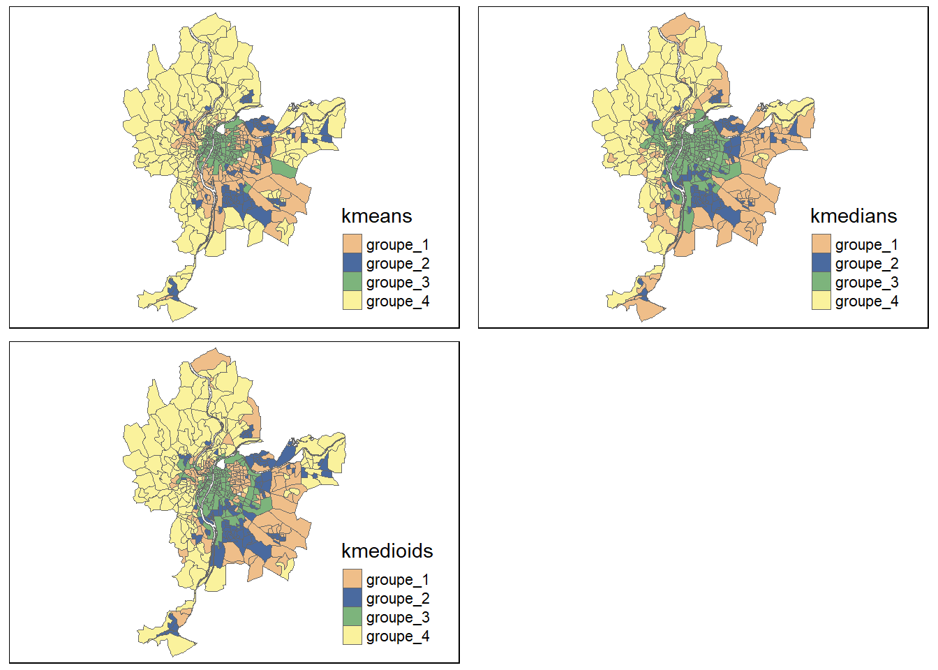 Comparaison géographique des résultats obtenus pour le k-means, le k-medians et le k-medoids