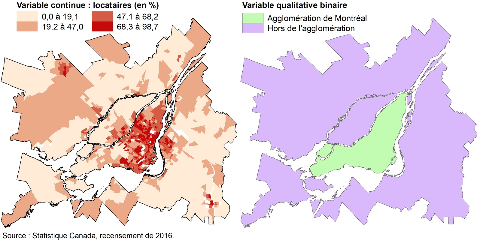 Pourcentage de locataires par secteur de recensement, région métropolitaine de recensement de Montréal, 2016